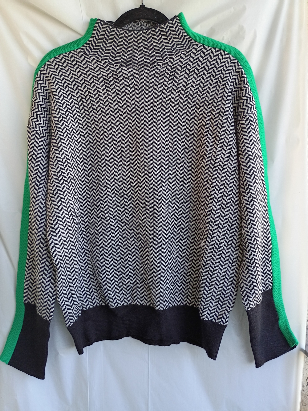 Collection by Cezele Black & White Turtleneck Sweater with Green Trim.